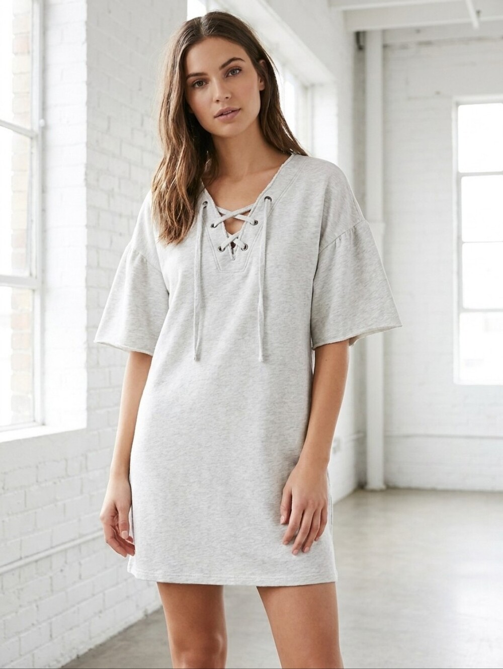 Sanctuary French Terry Heather Grey Lace Up Vneck Mariska Shirt Dress